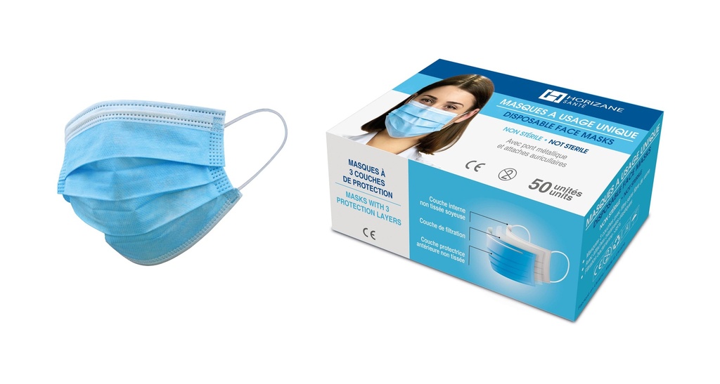 Masques chirurgicaux 3 plis - boîte de 50 unités