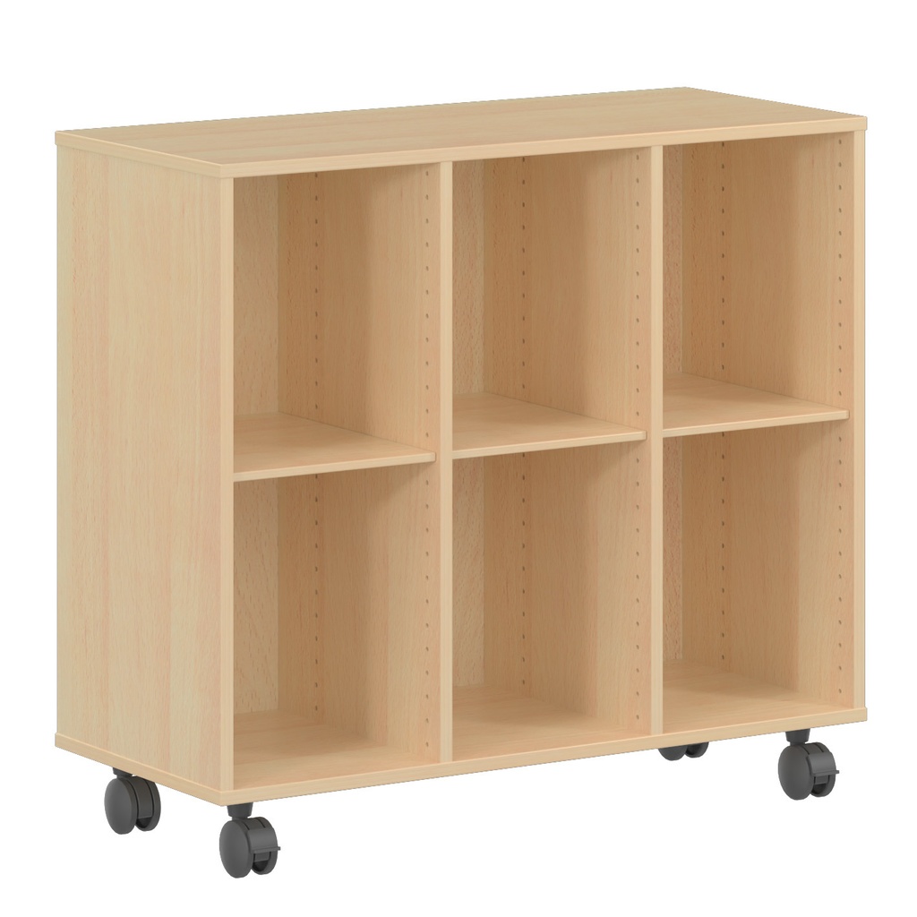 Meuble de rangement en hêtre avec 6 cases et roulettes