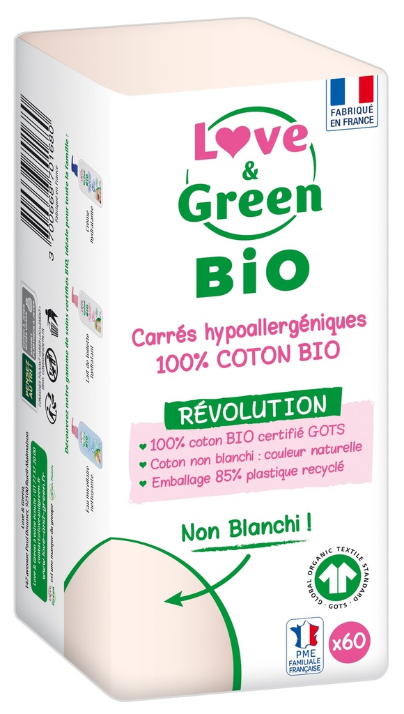 Carrés cotons hypoallergéniques 100% Coton Bio, lot de 3x 60 cotons
