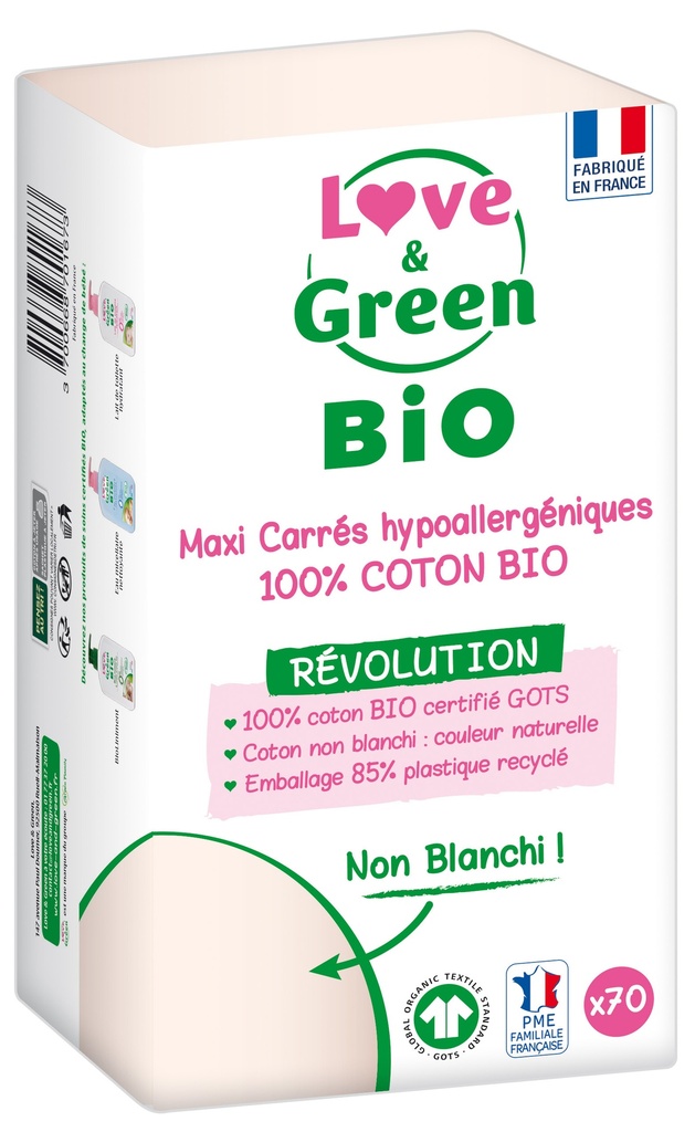 [2285_LOT] Carrés de coton hypoallergéniques MAXI 100% Coton Bio, 3 x 70 cotons