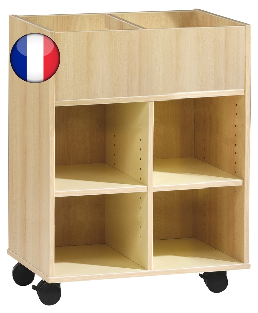 [2362] Bac à livres en bois avec roulettes, 2 cases, dimensions compactes