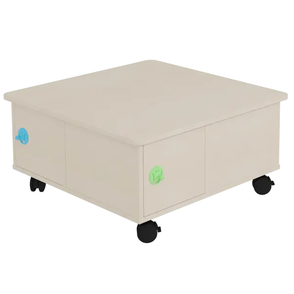 [3077] Table d'activités pour crèche avec rangements et portes sur roulettes