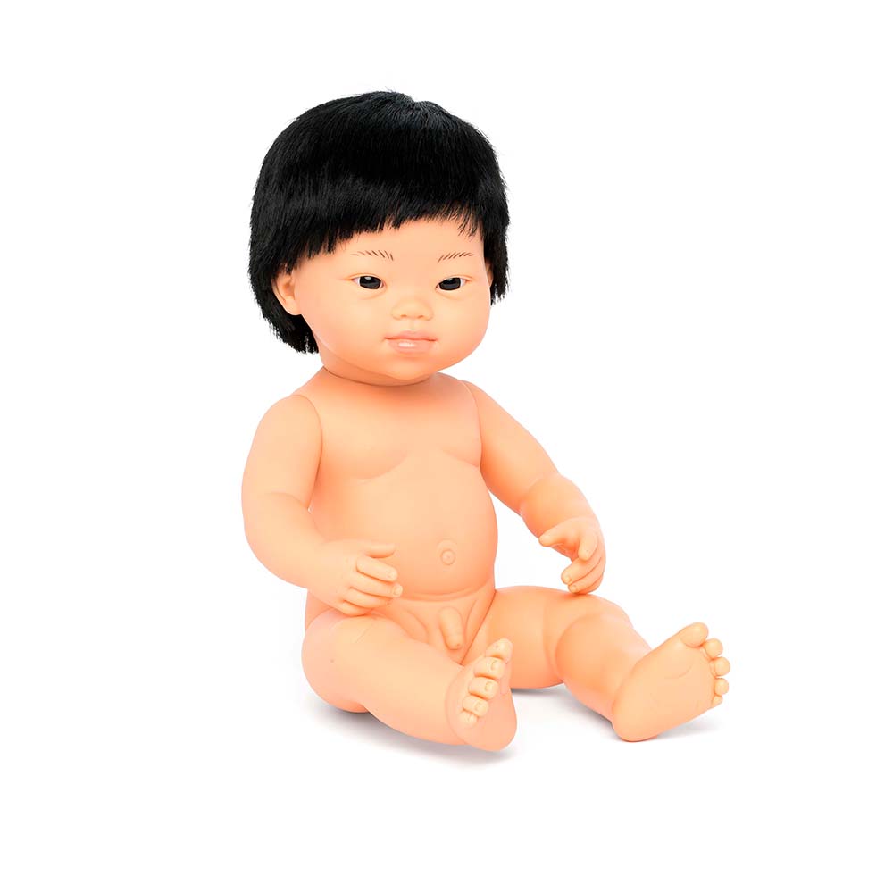 [3230] Poupée ethnique garçon asiatique 38cm avec cheveux, poupon sans sous-vêtements