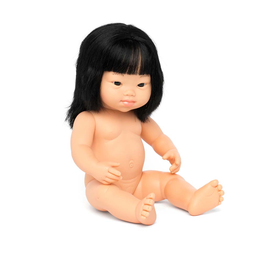 Poupée ethnique fille asiatique 38cm avec cheveux, poupon sans sous-vêtements