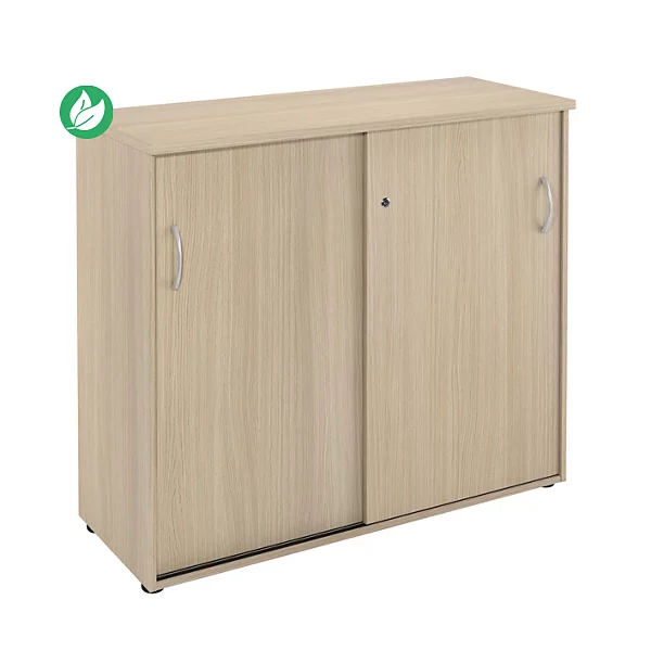[3449] Rangement à serrure mi-hauteur à portes coulissantes L.120 x P.48 x H.104 cm - Chêne