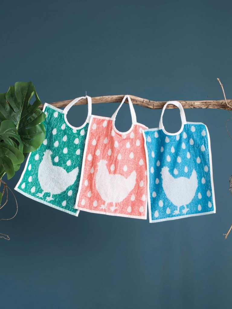 Bavoir à élastique en coton éponge motif poule 3 coloris assortis 30x40cm, lot de 12