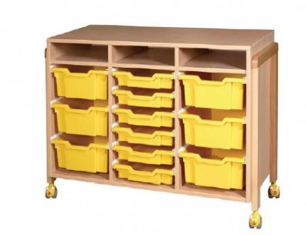 Meuble de Rangement 12 Bacs Verni Naturel ou Coloré pour Crèches