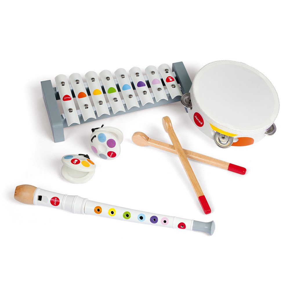 [2843] Set d'instruments de musique en bois pour enfants - Xylophone, flûte, tambourin et castagnettes