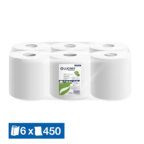 Bobines essuyage blanc recyclé à dévidage central, 450 formats (6 bobines), 2 plis