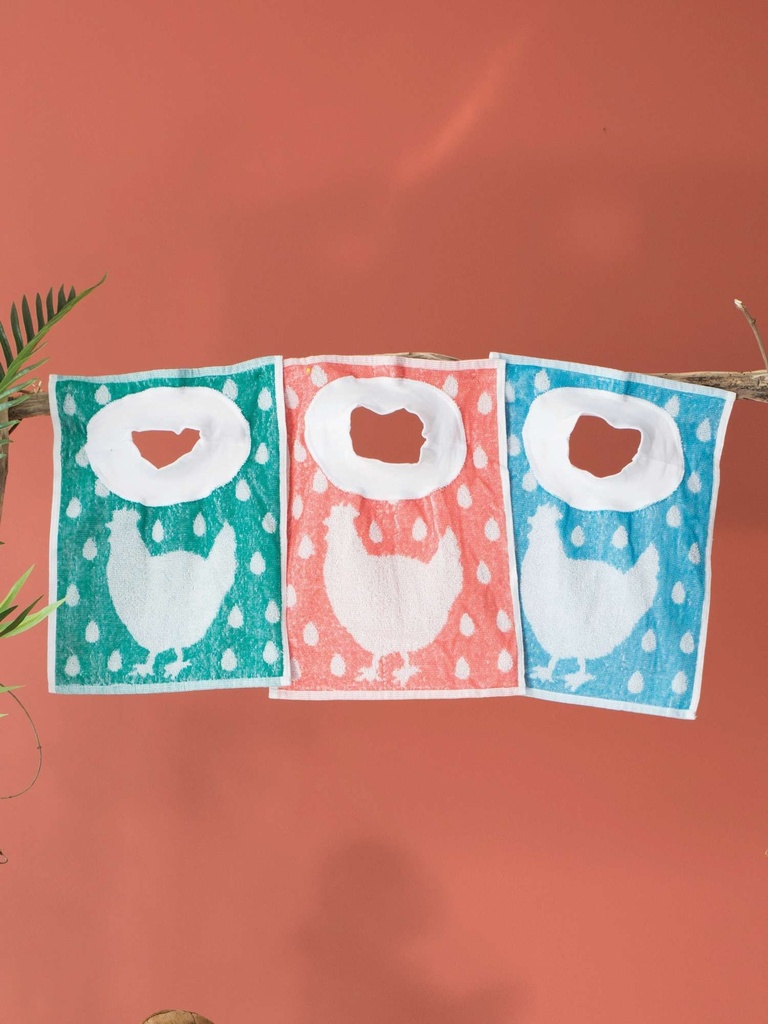Bavoir à encolure large en coton éponge avec motif poule 30x40cm, lot de 12