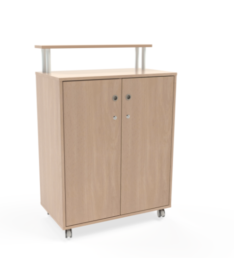 Borne d'accueil ou de transmission mobile avec rangement sécurisé pour crèches