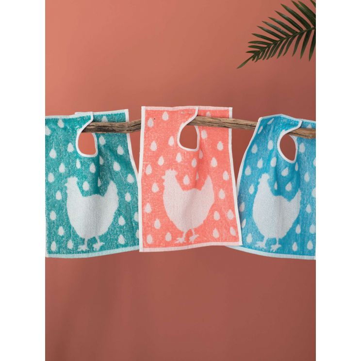 Bavoir à pressions en coton éponge motif poule, 3 coloris assortis, 30x40cm, lot de 12