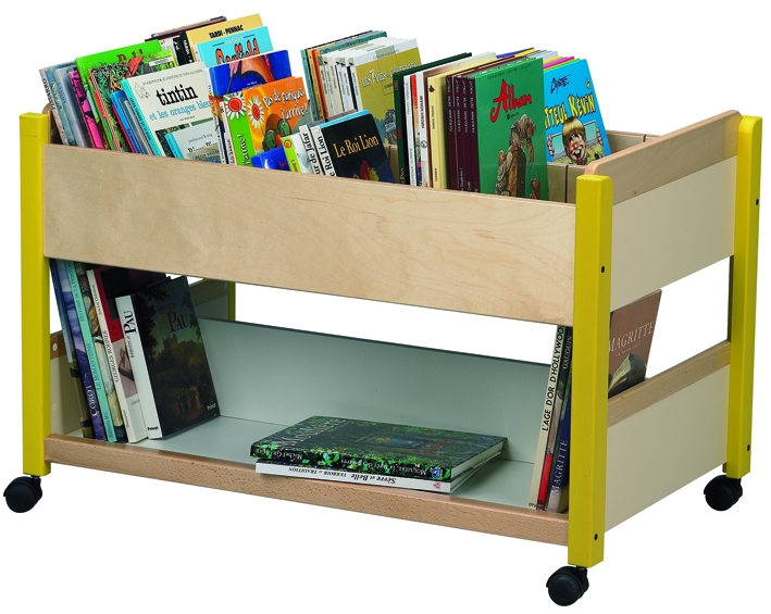 Bac à albums en bois avec 6 compartiments modulables et roulettes