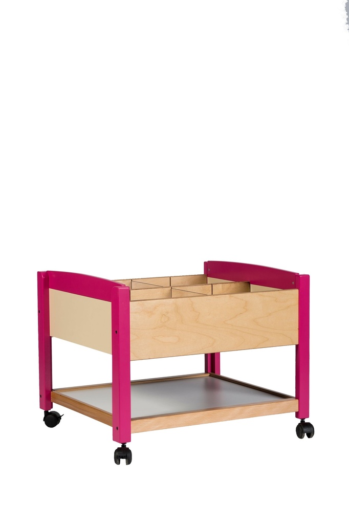 Bac à albums en bois avec 4 compartiments modulables et roulettes