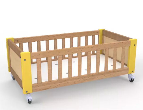 [6174] Lit bas de crèche sur roulettes avec matelas d'épaisseur 5cm (Bleu)