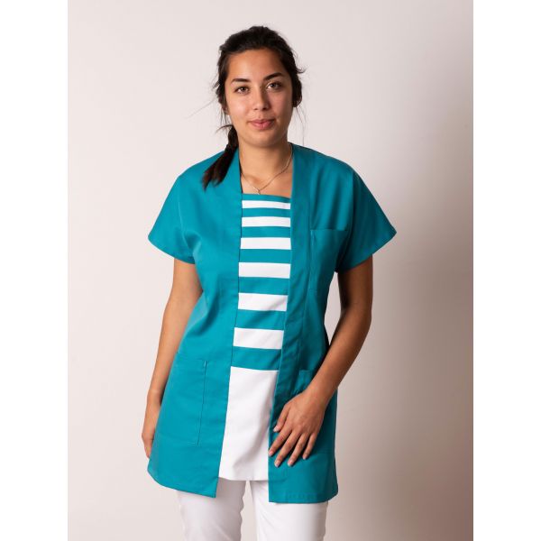 [7422] Tunique professionnelle à encolure trapèze et manches kimono (Bleu Canard, Taille 0)