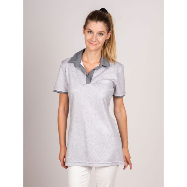 [9172] Polo Femme Imprimé avec Col Polo et Poche Poitrine (Bleu, Taille 0)