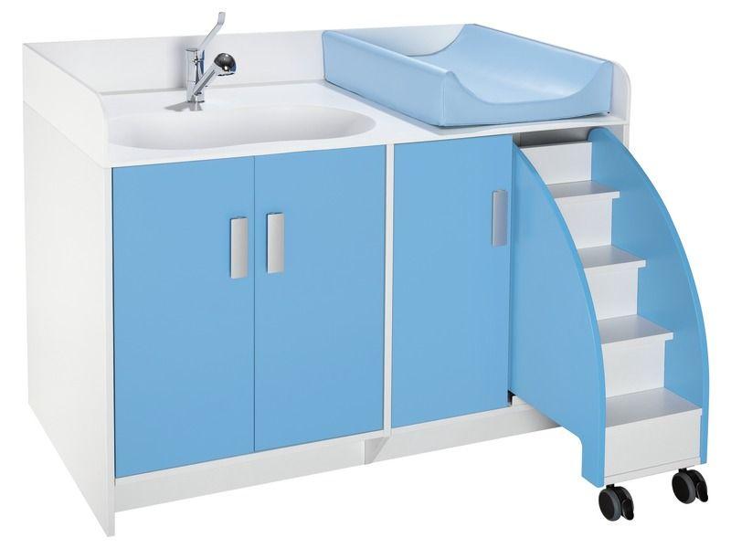 [9370] Table à langer ergonomique avec baignoire, rangements et escalier (Blanc)