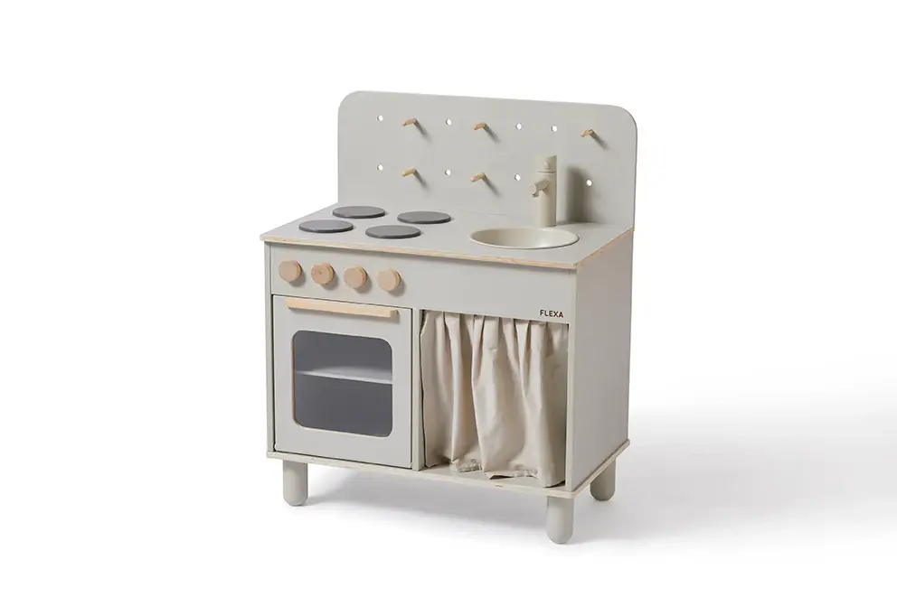 [S0732] Cuisine en bois pour enfants – avec four, évier et placard rideau, à partir de 3 ans (Gris)