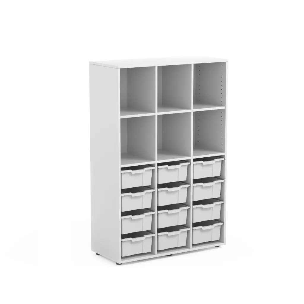 Armoire scolaire haute ALICE avec 12 bacs de rangement, caisson blanc