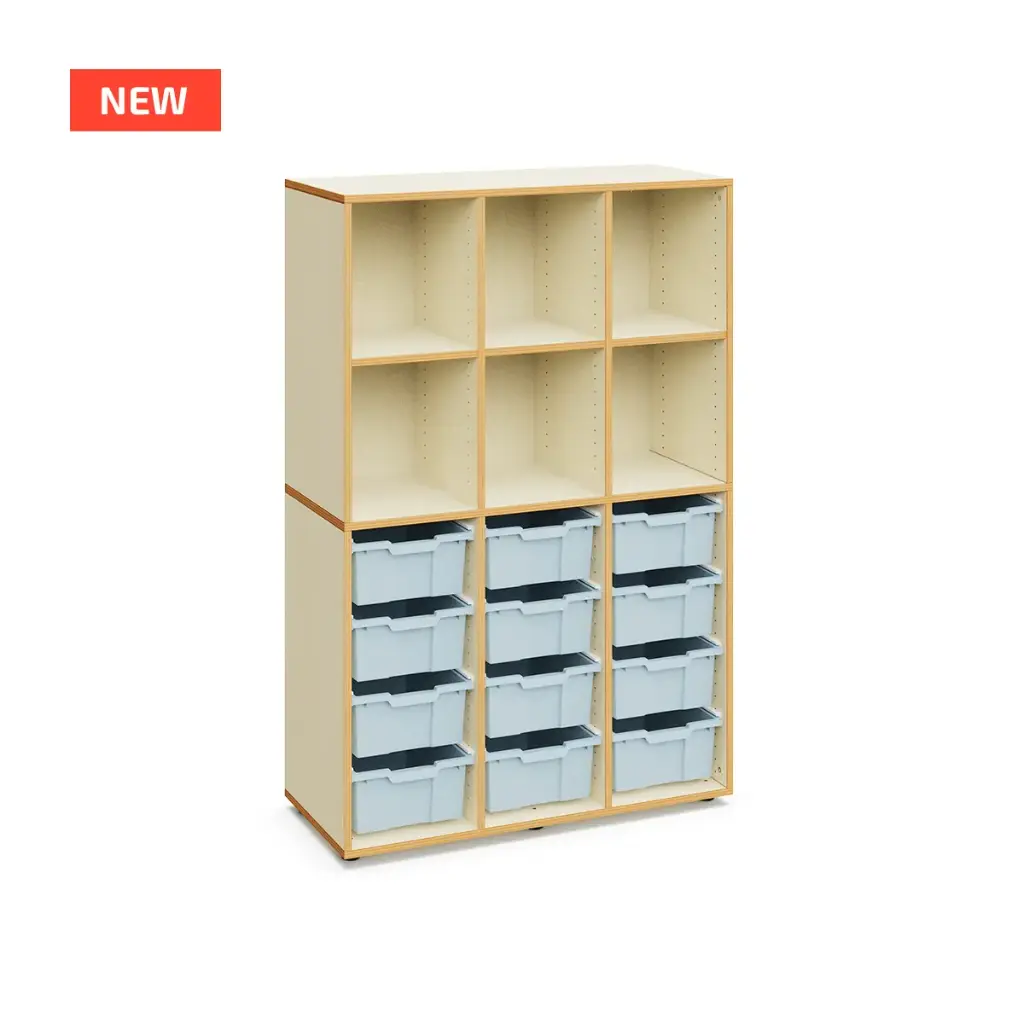 Armoire scolaire haute ALICE avec 12 bacs de rangement, caisson couleur hêtre