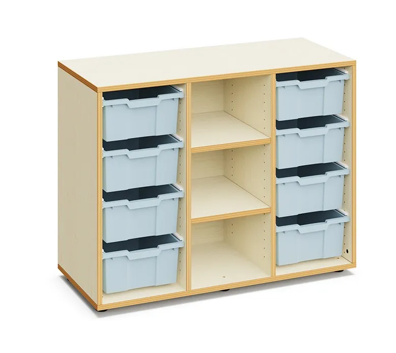 Meuble de rangement 8 grands bacs LUCY pour crèches et écoles, caisson couleur hêtre (Blanc)