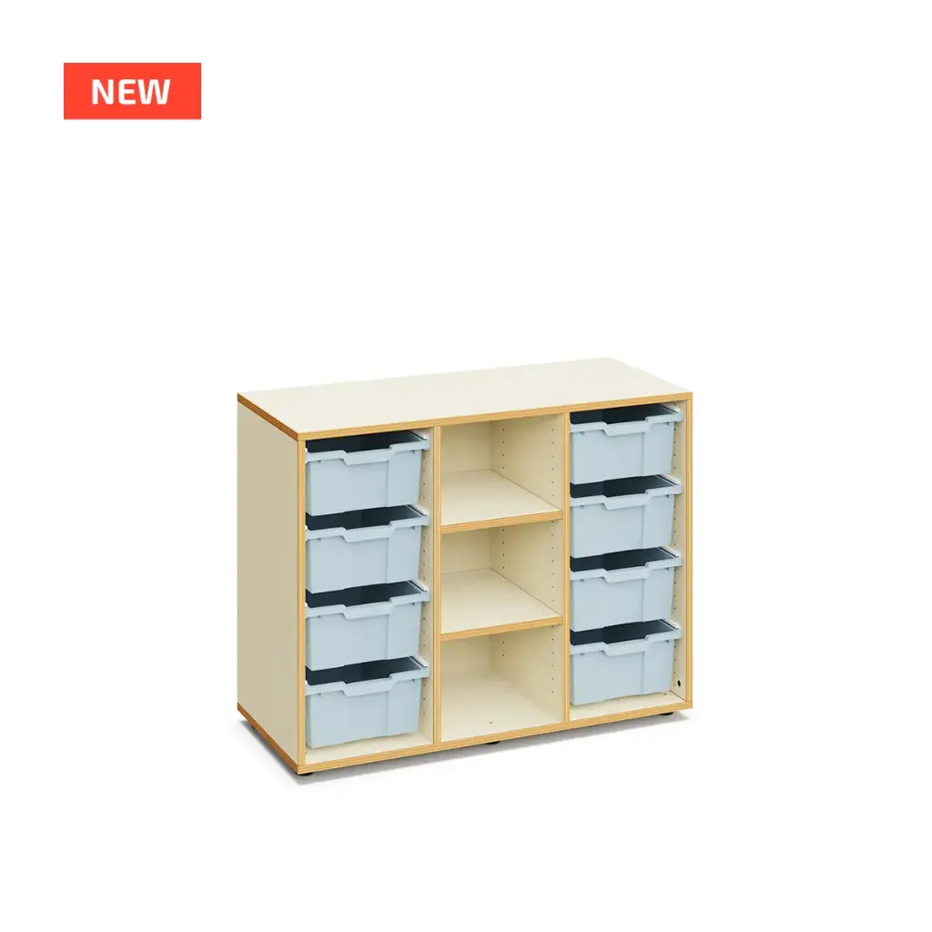 Meuble de rangement 8 grands bacs LUCY pour crèches et écoles, caisson couleur hêtre (Blanc)