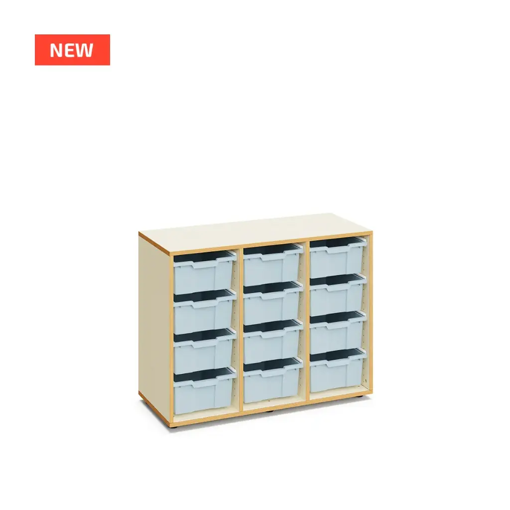 Meuble de rangement 12 bacs GRACE pour crèches et écoles, caisson couleur hêtre