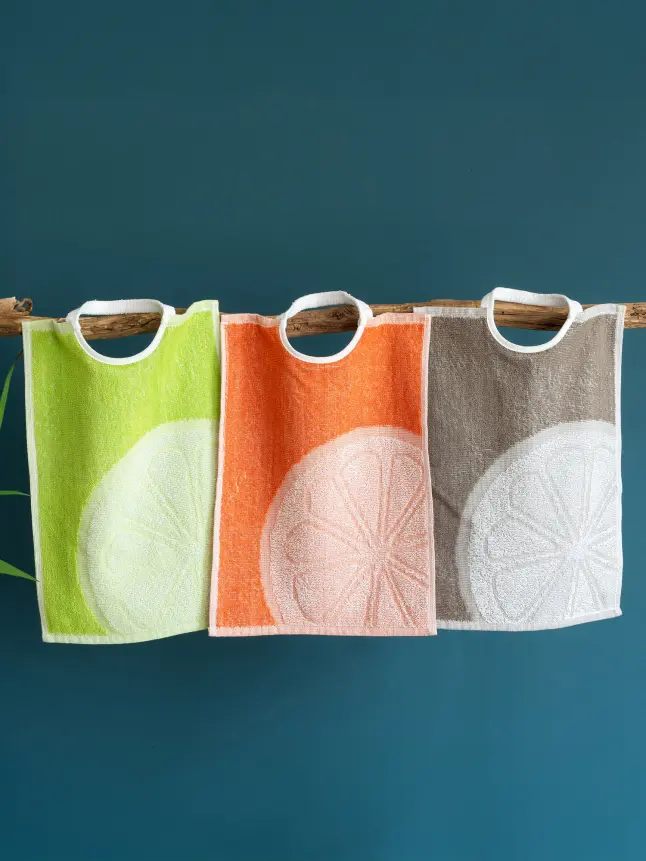[S1109] Bavoir à élastique en coton éponge motif agrume – 30x40 cm – lot de 12