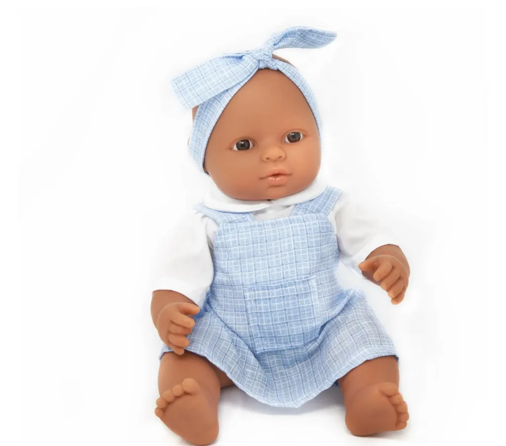 POUPÉE CORPS DUR SANS CHEVEUX 30CM MÉTIS ROBE BLEU