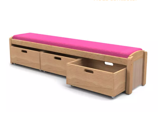 Mobilier en bois pour espaces de lecture et activités avec banc et bacs sur roulettes