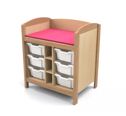 Meuble d'accueil en bois avec tapis de change et casiers