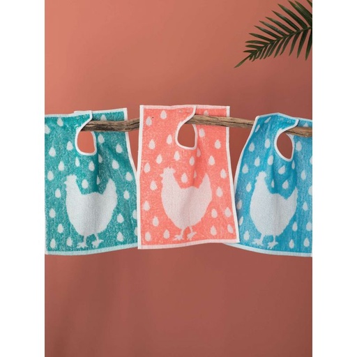 [9380] Bavoir à pressions en coton éponge motif poule, 3 coloris assortis, 30x40cm, lot de 12