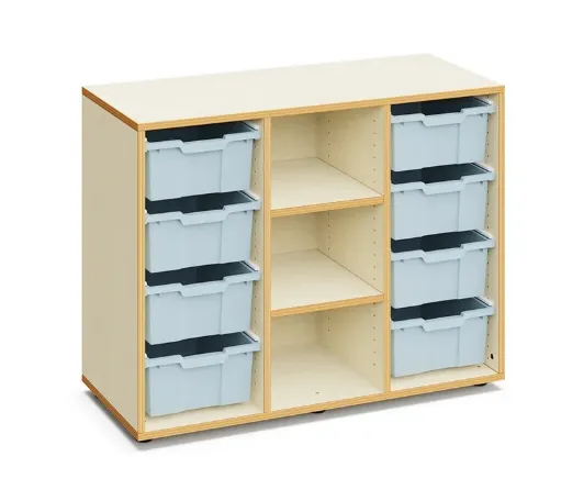 Meuble de rangement 8 grands bacs LUCY pour crèches et écoles, caisson couleur hêtre